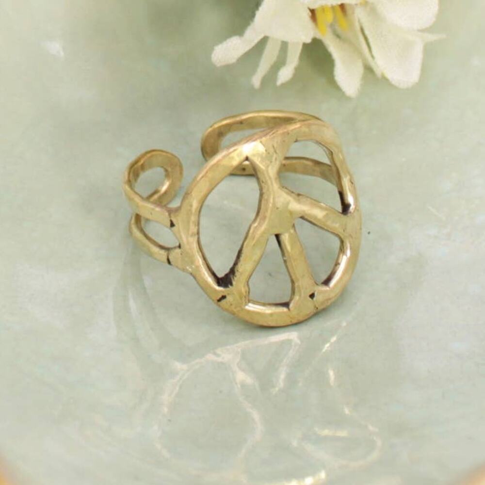 Gold Hammered Peace Sign Ring | Adjustable Boho Band